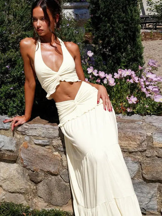 Plunge Neck Maxi Skirt Set in Apricot — VerolynBoutique
