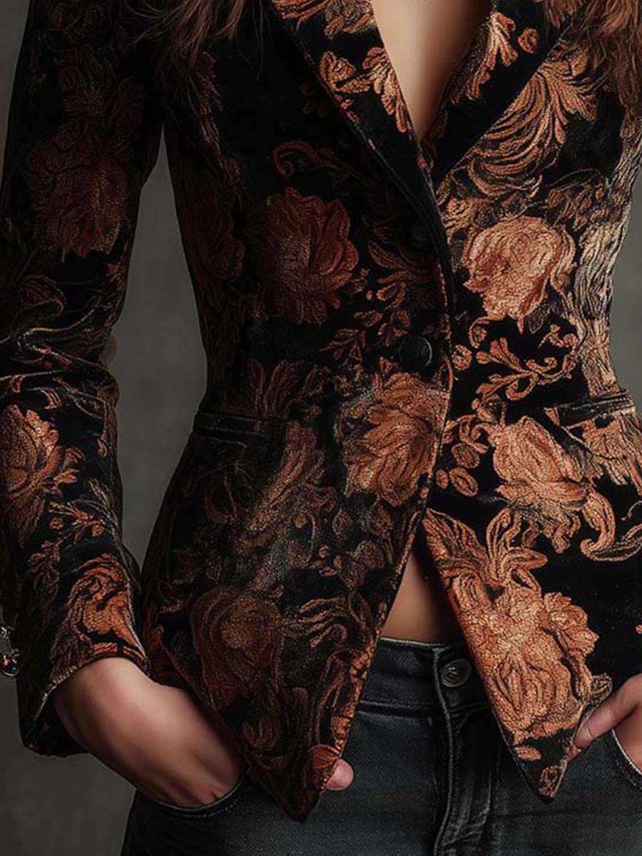 Bronze Floral Tailored Blazer in Black — VerolynBoutique