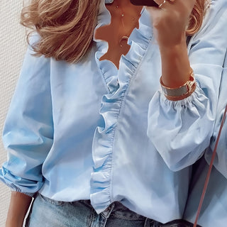 Ruffled V-Neck Blouse in Sky Blue — VerolynBoutique