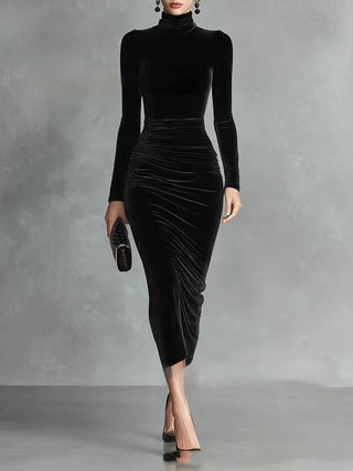 Ruched Velvet High Neck Dress in Black — VerolynBoutique