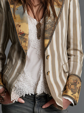 Boho Stripe Lapel Blazer in Khaki — VerolynBoutique