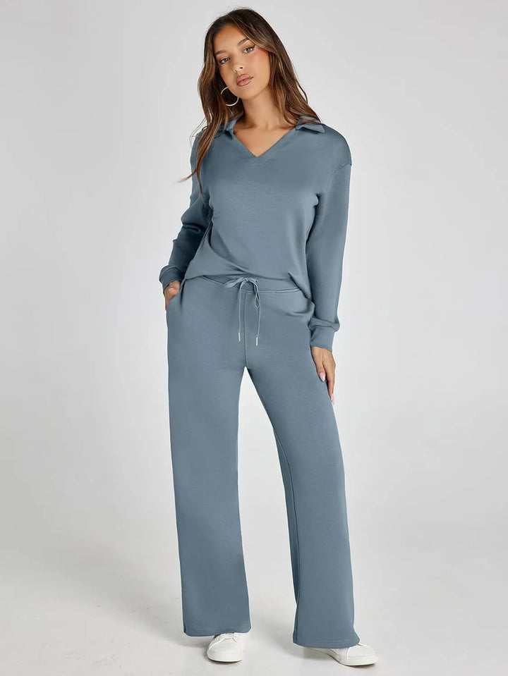 V-Neck Wide-Leg Lounge Set in Sky Blue — VerolynBoutique