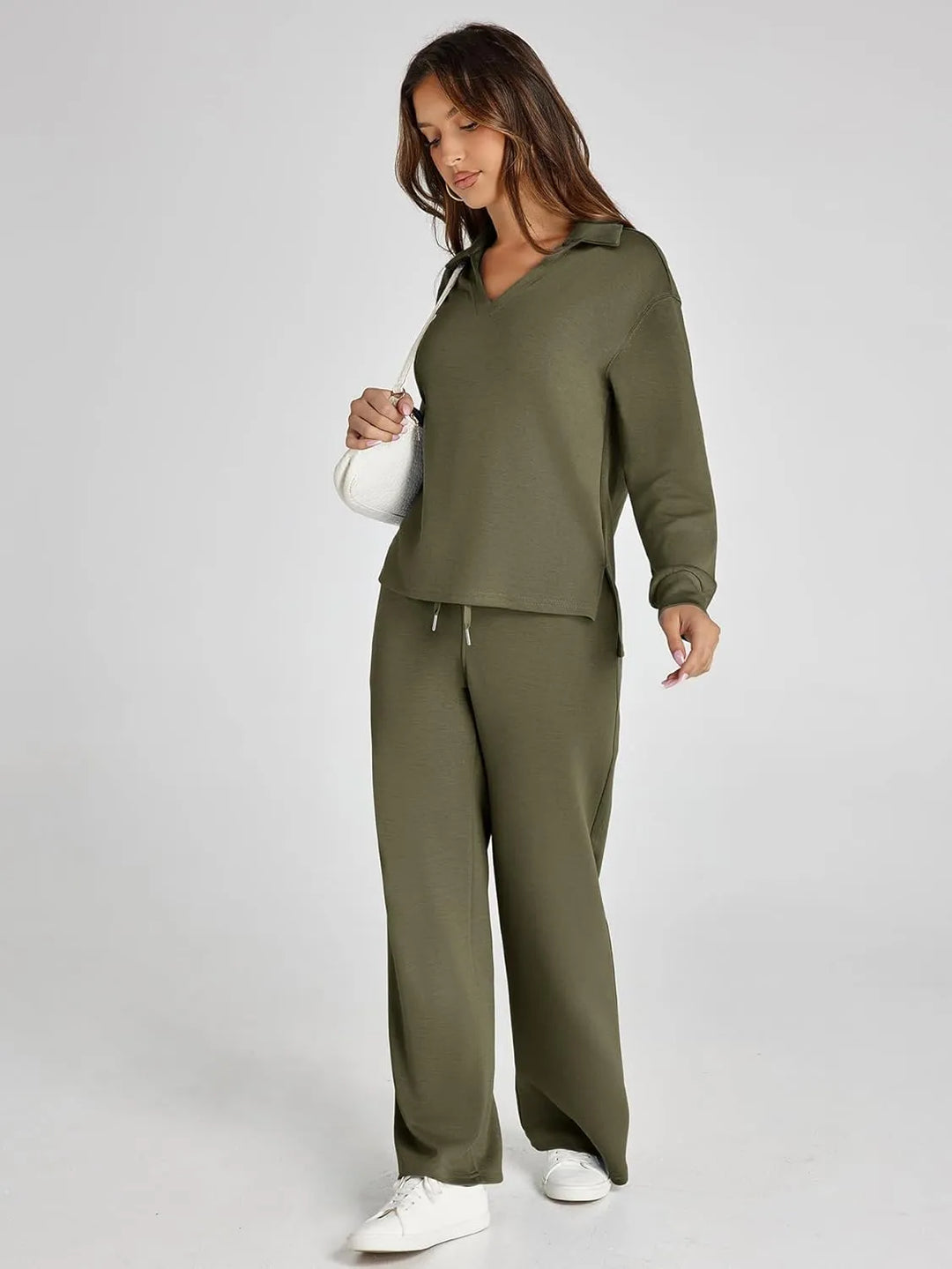 V-Neck Wide-Leg Lounge Set in Green — VerolynBoutique