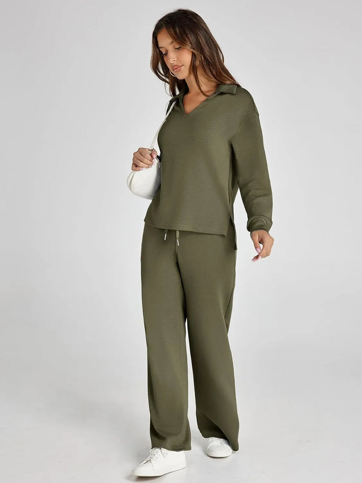 V-Neck Wide-Leg Lounge Set in Green — VerolynBoutique