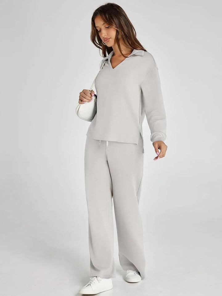 V-Neck Wide-Leg Lounge Set in Grey — VerolynBoutique