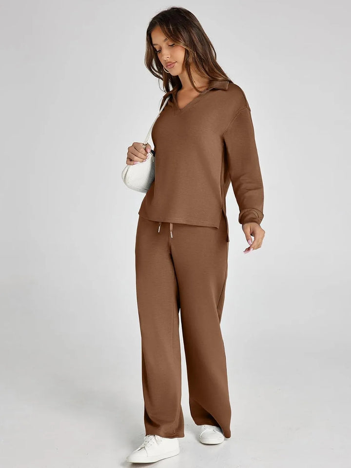 V-Neck Wide-Leg Lounge Set in Camel — VerolynBoutique