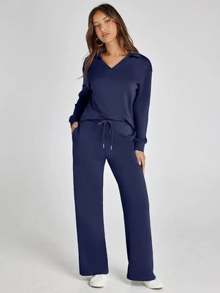 V-Neck Wide-Leg Lounge Set in Navy — VerolynBoutique