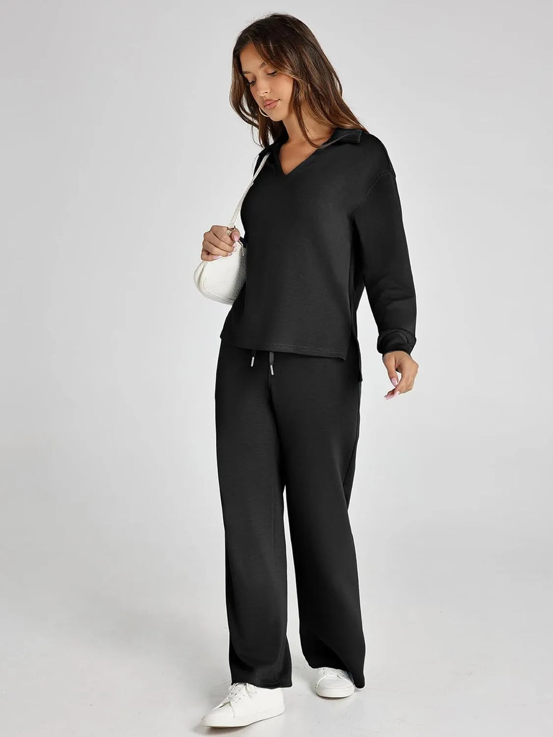 V-Neck Wide-Leg Lounge Set in Black — VerolynBoutique