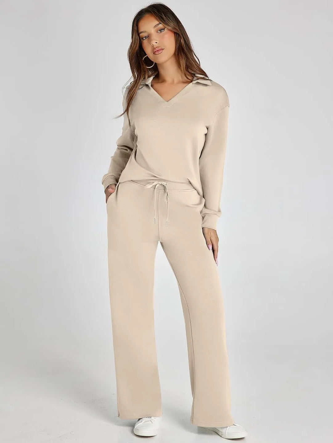 V-Neck Wide-Leg Lounge Set in Khaki — VerolynBoutique