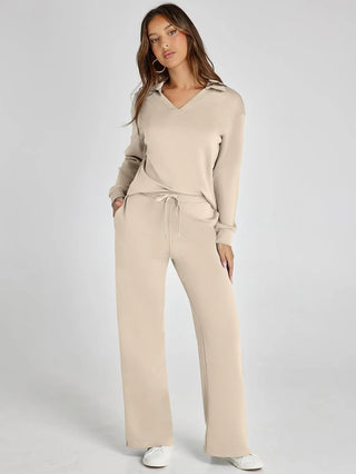 V-Neck Wide-Leg Lounge Set in Khaki — VerolynBoutique