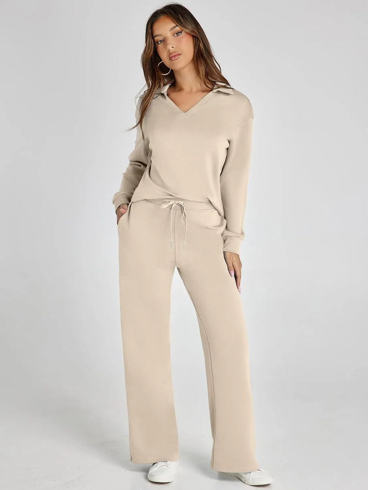 V-Neck Wide-Leg Lounge Set in Khaki — VerolynBoutique