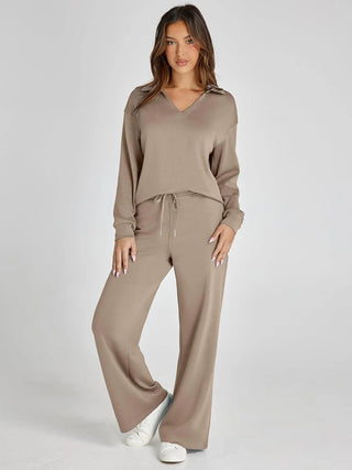 V-Neck Wide-Leg Lounge Set in Camel — VerolynBoutique