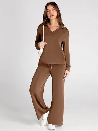 V-Neck Wide-Leg Lounge Set in Camel — VerolynBoutique