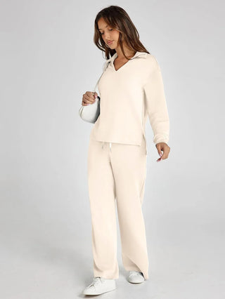 V-Neck Wide-Leg Lounge Set in Beige — VerolynBoutique