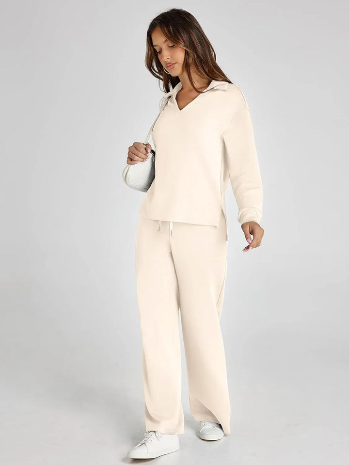 V-Neck Wide-Leg Lounge Set in Beige — VerolynBoutique