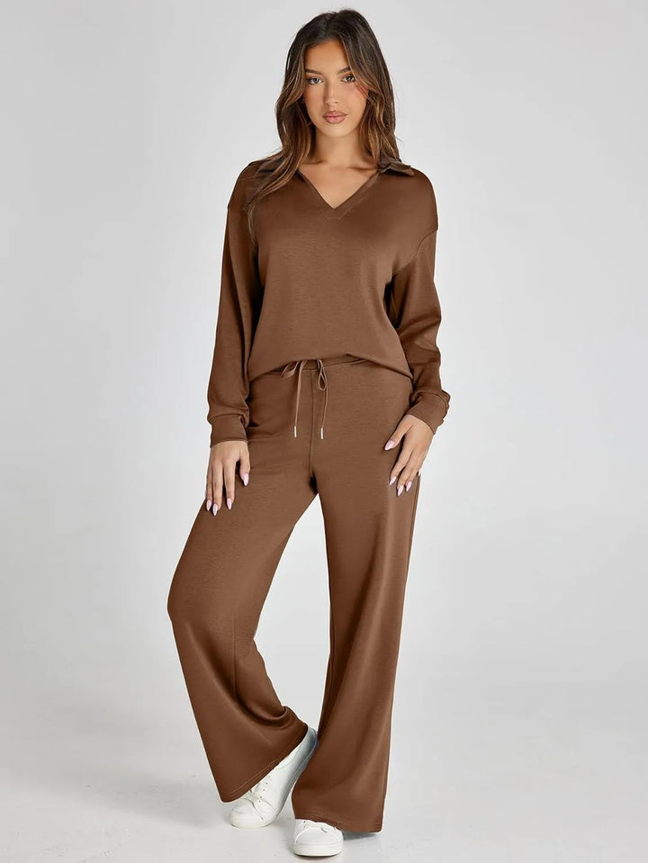 V-Neck Wide-Leg Lounge Set in Camel — VerolynBoutique