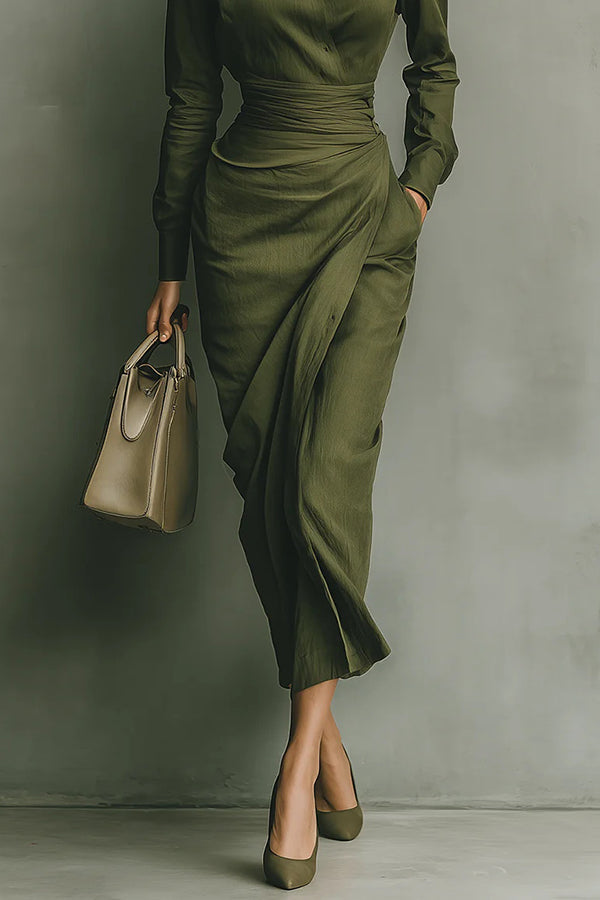 Collared Wrap Waist Midi Dress in Green — VerolynBoutique