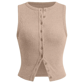 Ribbed Button Crop Tank Top in Khaki — VerolynBoutique