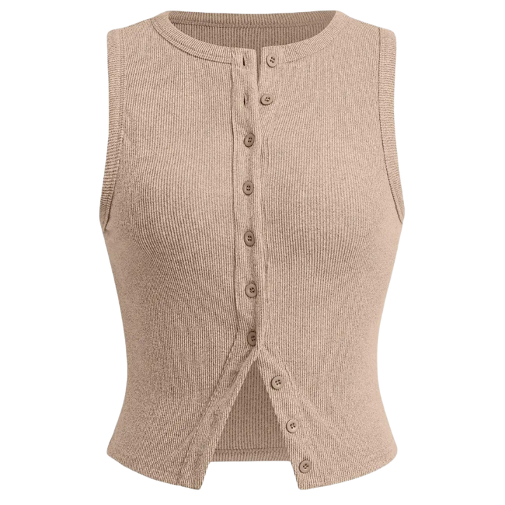 Ribbed Button Crop Tank Top in Khaki — VerolynBoutique
