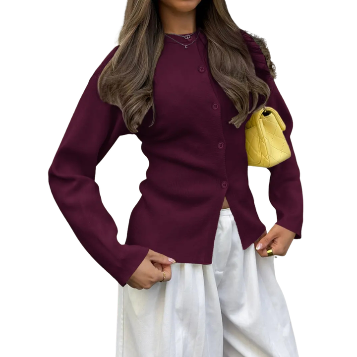 Slim Ribbed Button Cardigan in Burgundy — VerolynBoutique