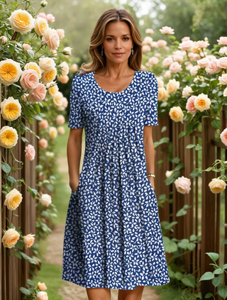 Pleated Floral Midi Dress in Navy Floral — VerolynBoutique