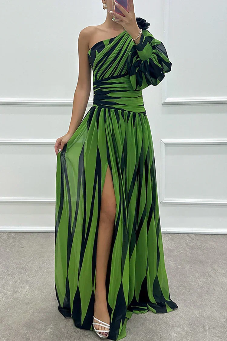 Striped One-Shoulder Evening Dress in Green — VerolynBoutique