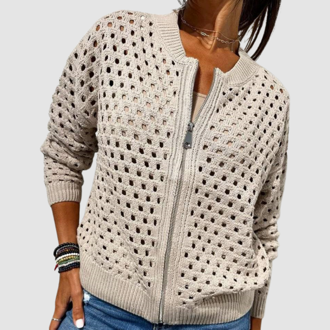 Open Knit Zip Cardigan in Beige — VerolynBoutique