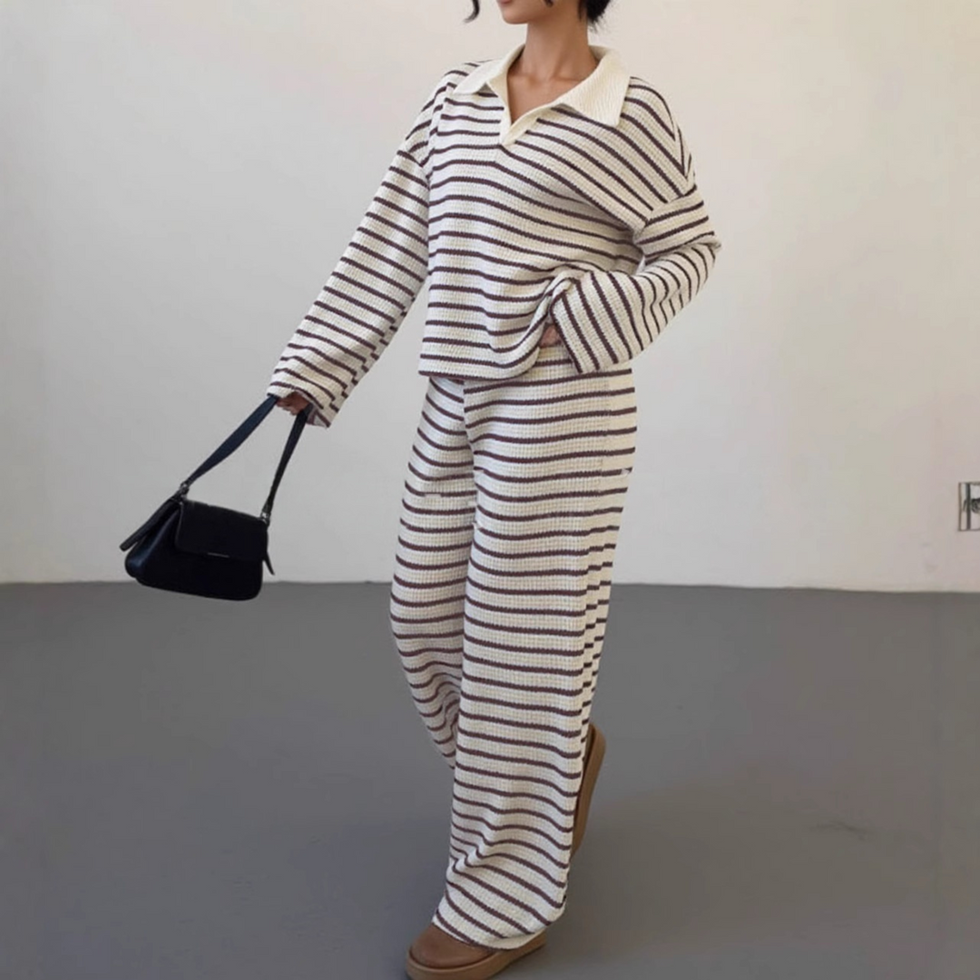 Verolyn - Striped V-Neck Top &amp; Trouser Set