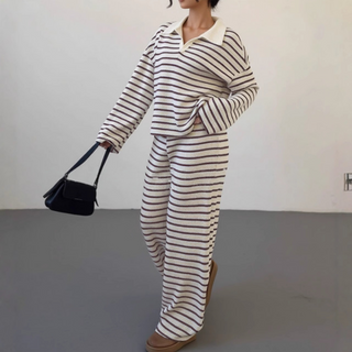 Verolyn - Striped V-Neck Top &amp; Trouser Set