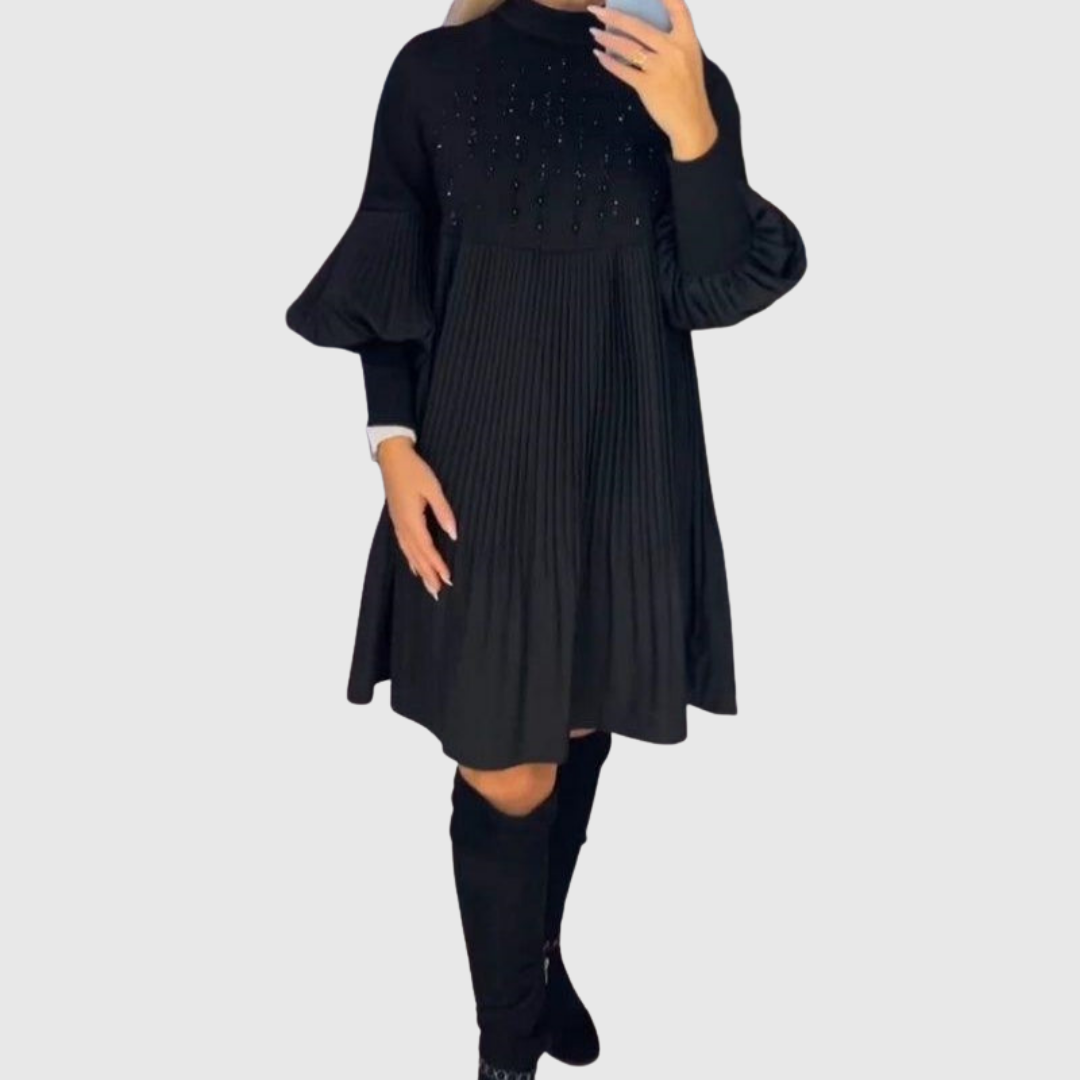 Pleated Puff-Sleeve Gown in Black — VerolynBoutique