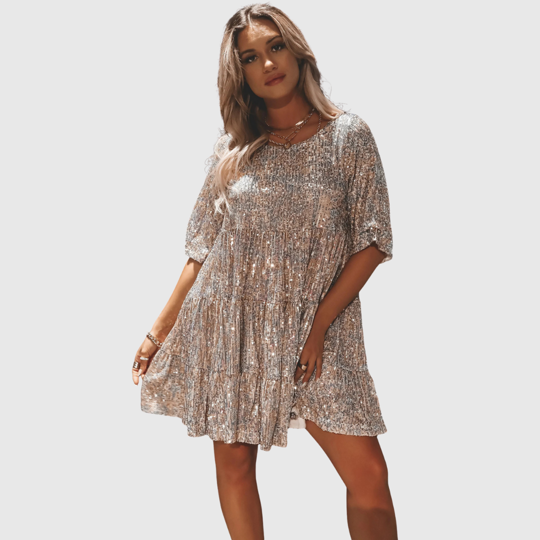 Sequin Puff-Sleeve Swing Dress in Champagne — VerolynBoutique