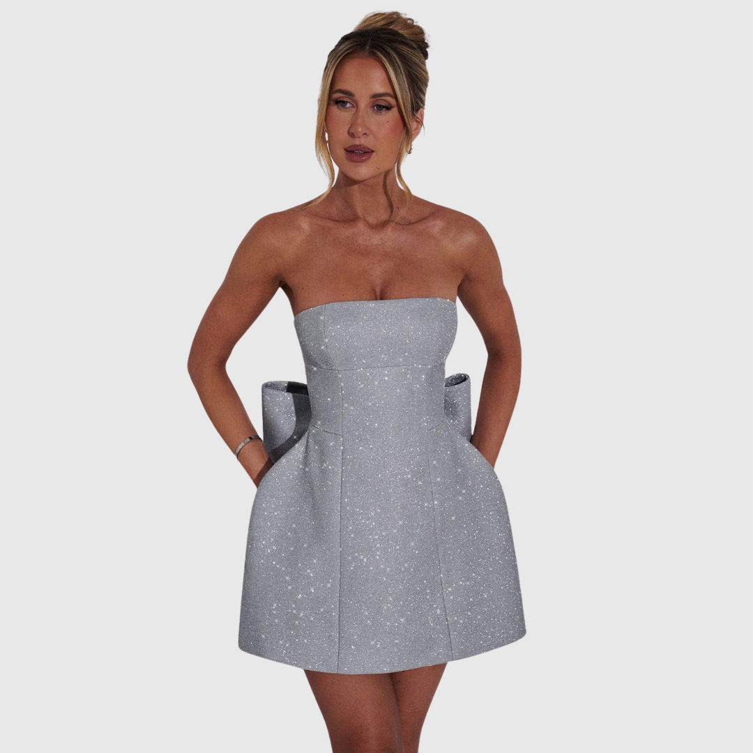 Strapless Bow Cocktail Dress in Silver — VerolynBoutique