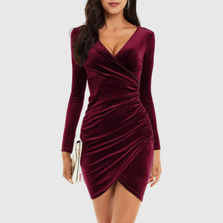 Verolyn - Velvet Long Sleeve V-Neck Mini Dress