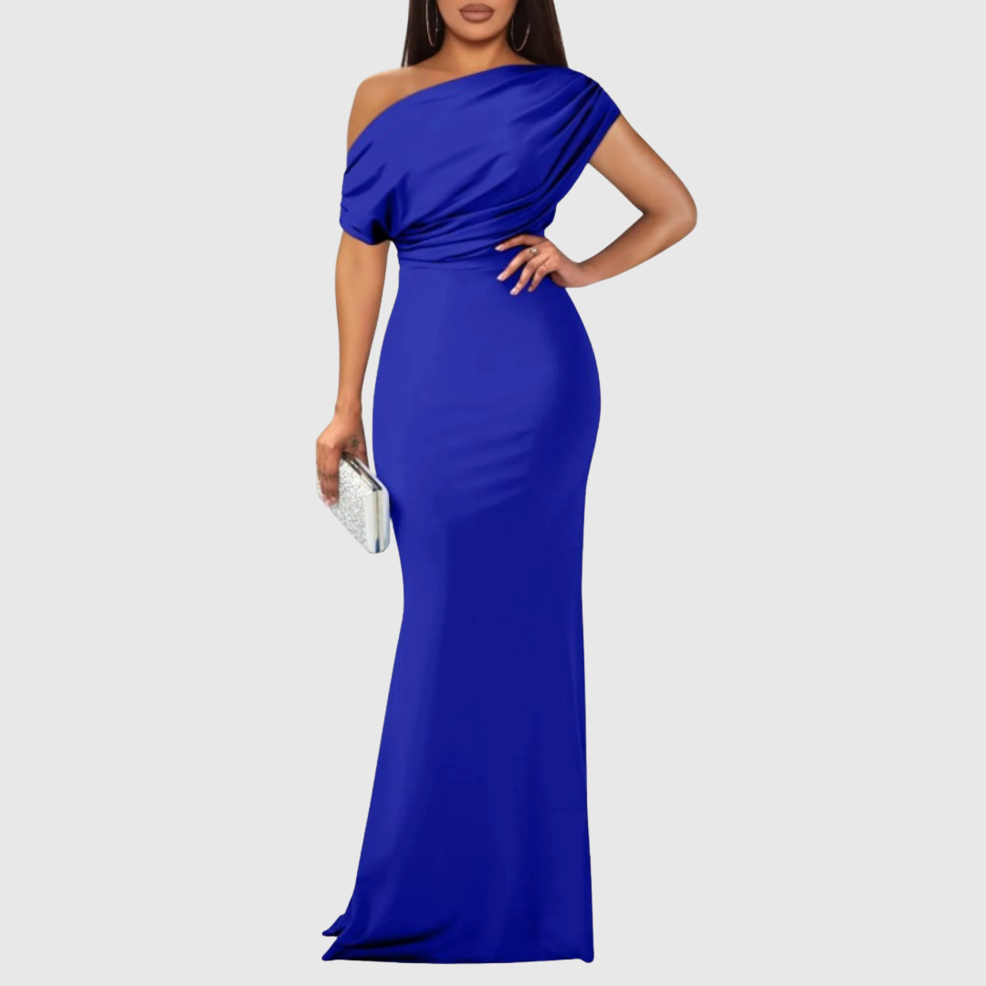 Draped One-Shoulder Formal Gown in Blue — VerolynBoutique