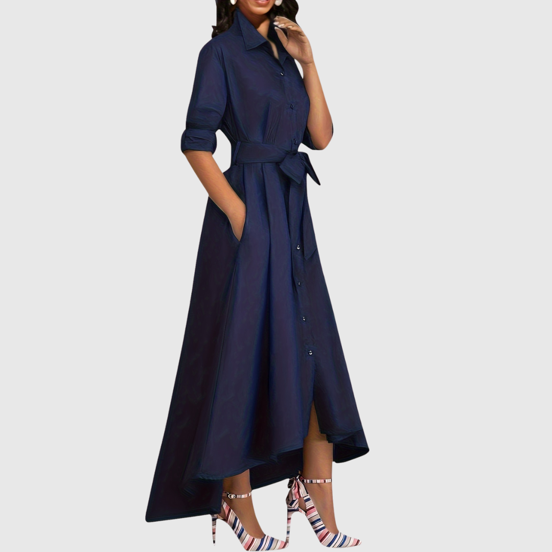 Button-Front Belted Maxi Dress in Navy — VerolynBoutique