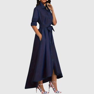Button-Front Belted Maxi Dress in Navy — VerolynBoutique