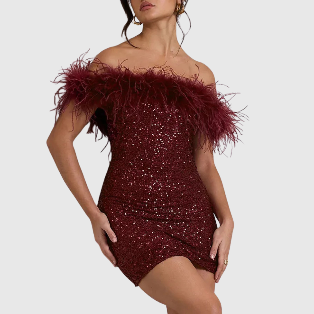 Off-Shoulder Sequin Mini Dress in Red — VerolynBoutique