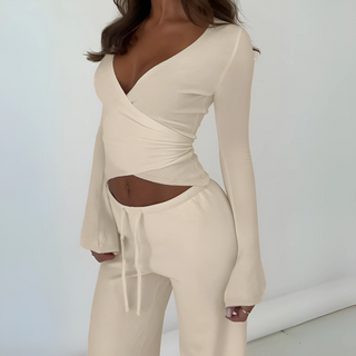 Wrap V-Neck Top Trouser Set in Apricot — VerolynBoutique