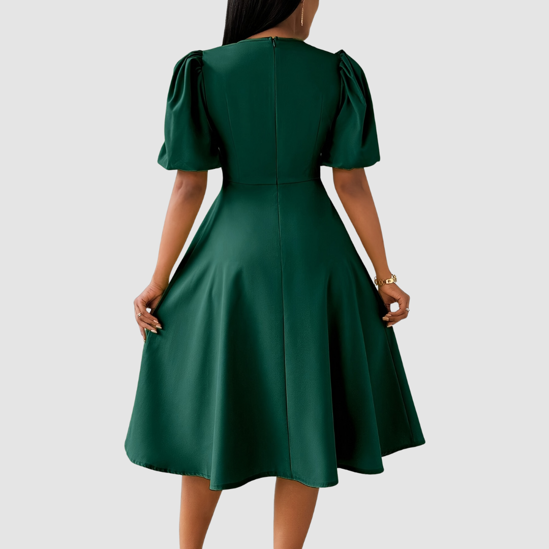 Puff Sleeve Midi Dress in Red — VerolynBoutique