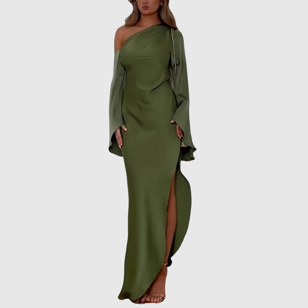 One-Shoulder Satin Evening Dress in Olive — VerolynBoutique