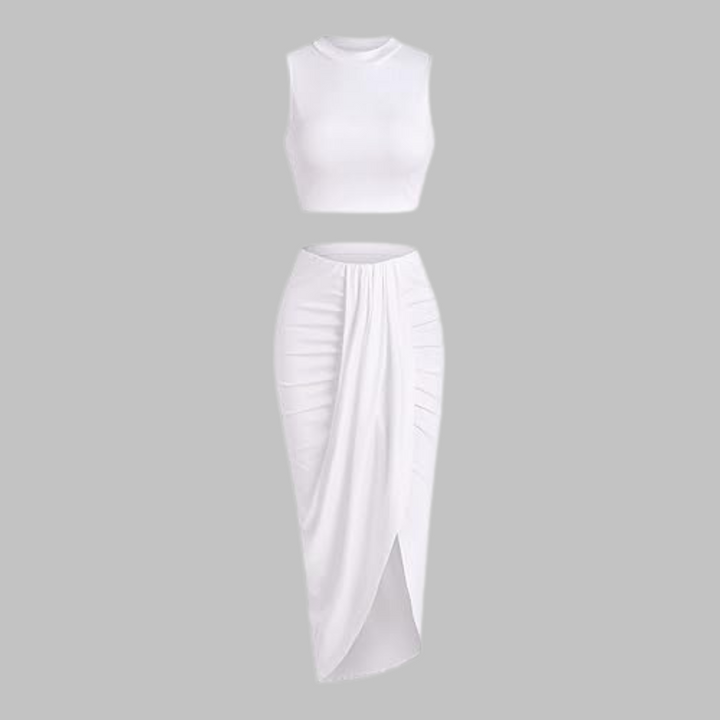 Draped Slit Maxi Skirt Set in White — VerolynBoutique