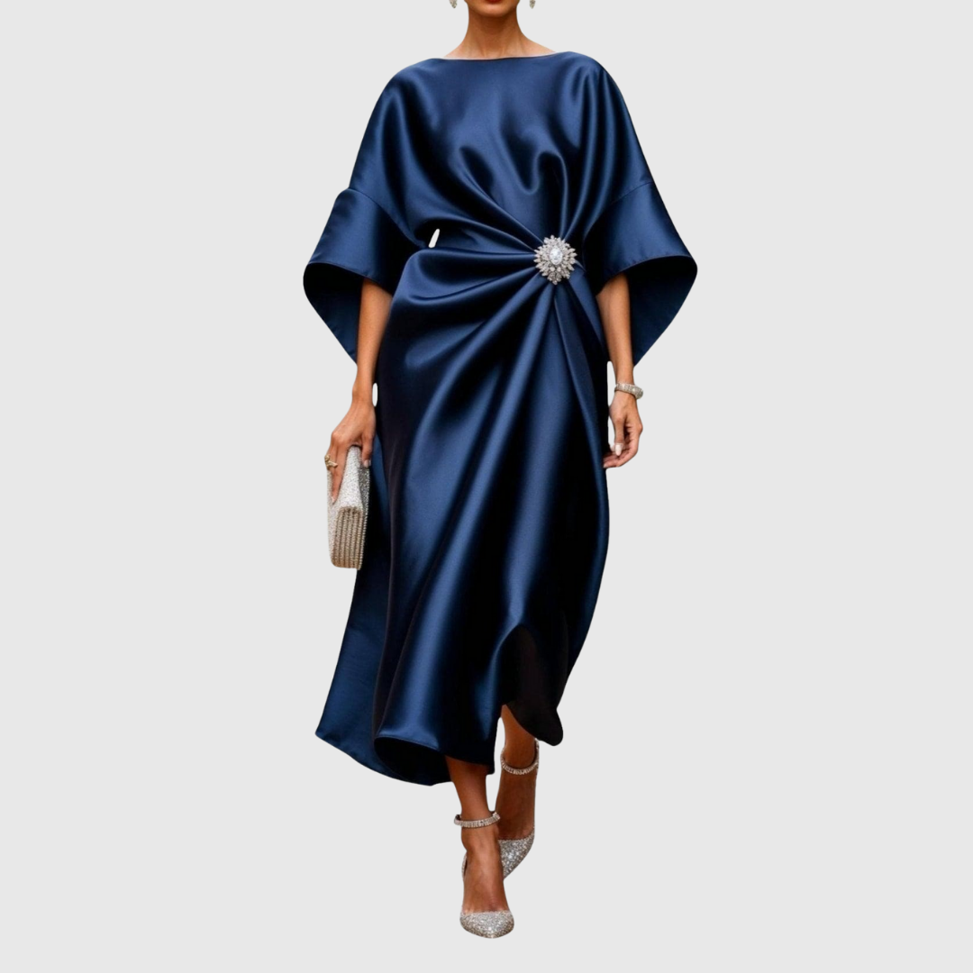 Satin Brooch Midi Dress in Navy — VerolynBoutique