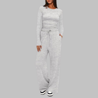 Long Sleeve Wide-Leg Trouser Set in Light Grey — VerolynBoutique