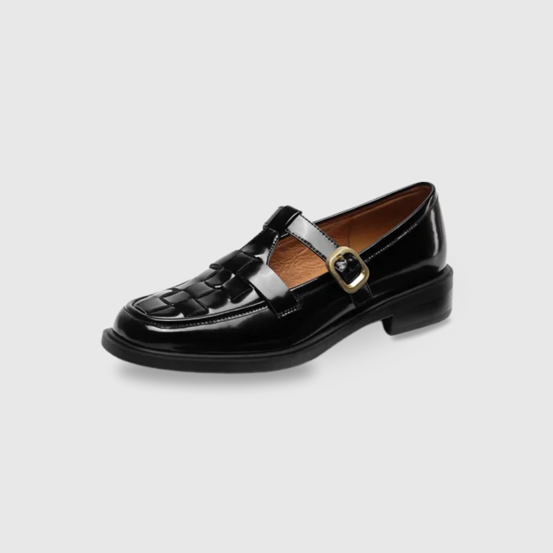 Basket-Weave Buckle Strap Flats in Brown — VerolynBoutique
