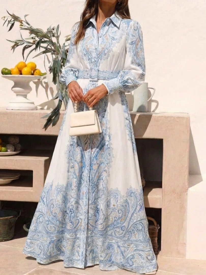 High-Neck Flared Print Maxi Dress in Sky Blue — VerolynBoutique