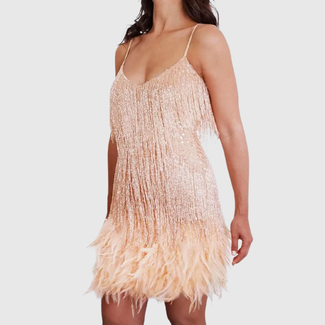Feather Fringe Cocktail Dress in Beige — VerolynBoutique