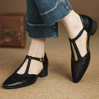 Croc-Embossed Braided T-Strap Shoes in Brown — VerolynBoutique