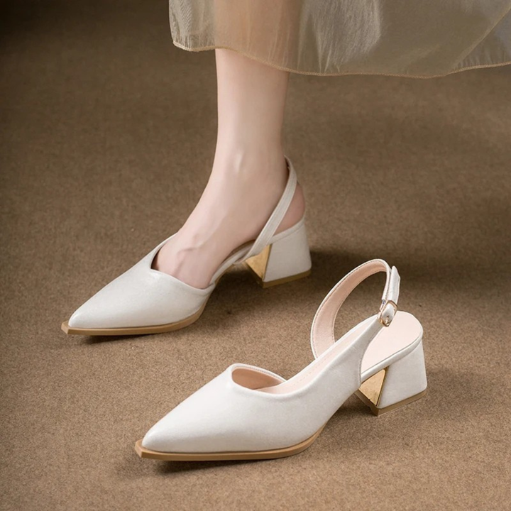 Glossy Pointed Slingback Block Heels in Beige — VerolynBoutique