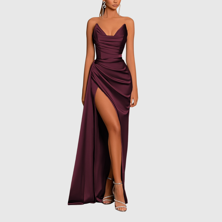 Ruched Satin Maxi Dress in Red — VerolynBoutique