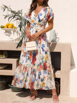 Pleated V-Neck Floral Midi Dress in Multicolour — VerolynBoutique
